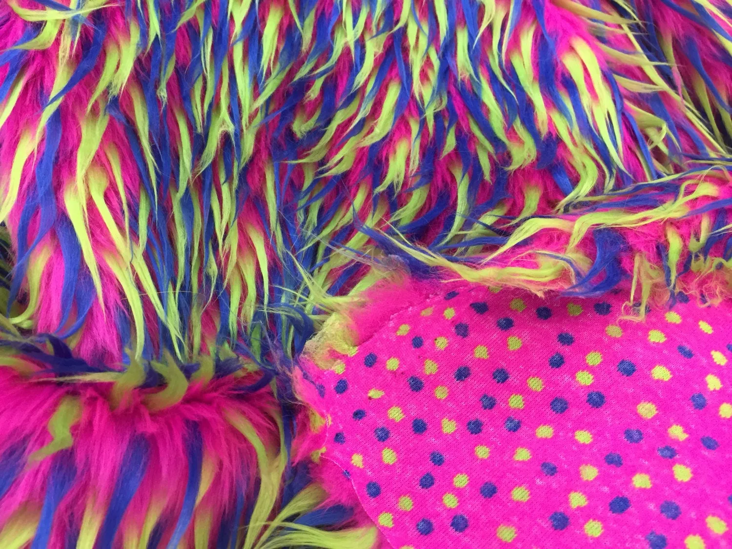 3 tone spikes faux fur- fuchsia/neon yellow/royal blue-Shaggy faux fur-fashion-decorations-apparel-throw blankets-sold by the yard.