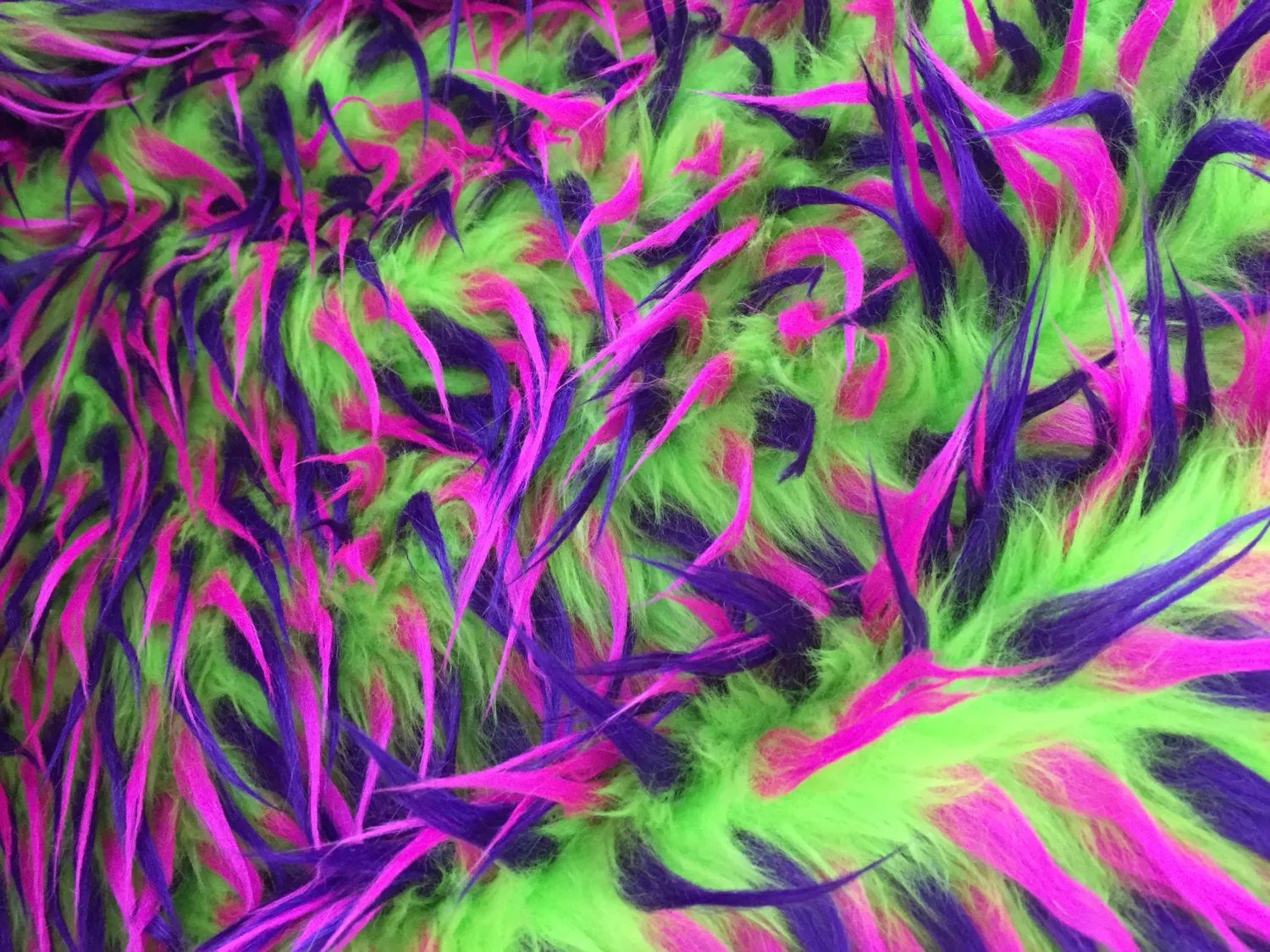 3 tone spikes faux fur- lime green/purple/fuchsia. Shaggy faux fur sold by the yard.