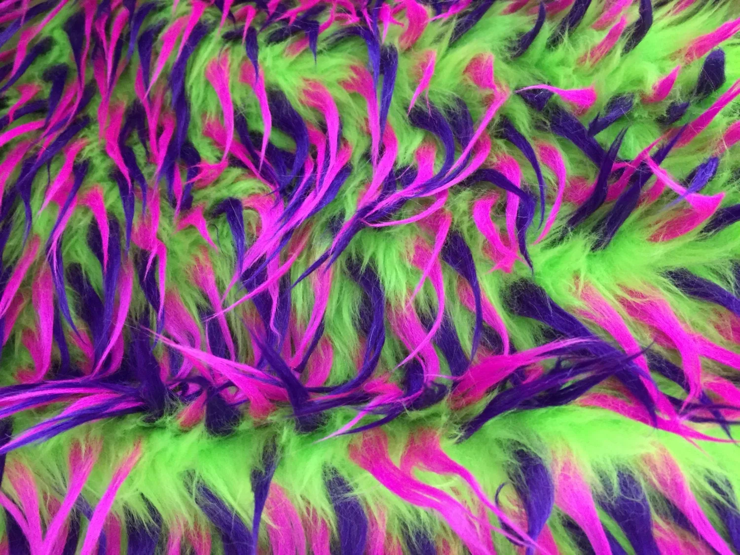 3 tone spikes faux fur- lime green/purple/fuchsia. Shaggy faux fur sold by the yard.