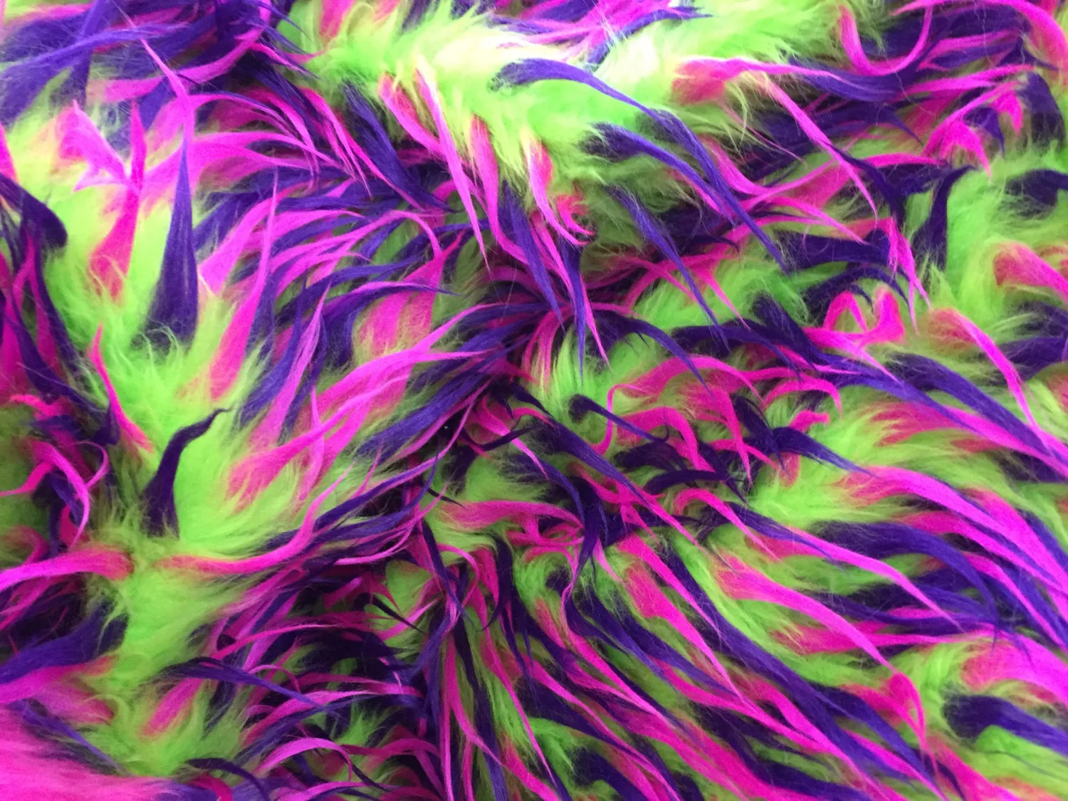 3 tone spikes faux fur- lime green/purple/fuchsia. Shaggy faux fur sold by the yard.