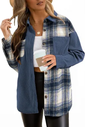 Astylish Women's Color Block Corduroy Shirts Long Sleeve Button Down Boyfriend Blouses Tops