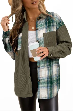 Astylish Women's Color Block Corduroy Shirts Long Sleeve Button Down Boyfriend Blouses Tops
