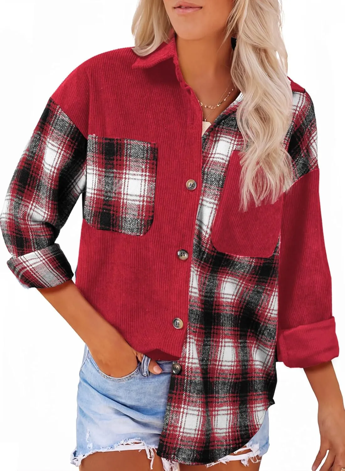Astylish Women's Color Block Corduroy Shirts Long Sleeve Button Down Boyfriend Blouses Tops