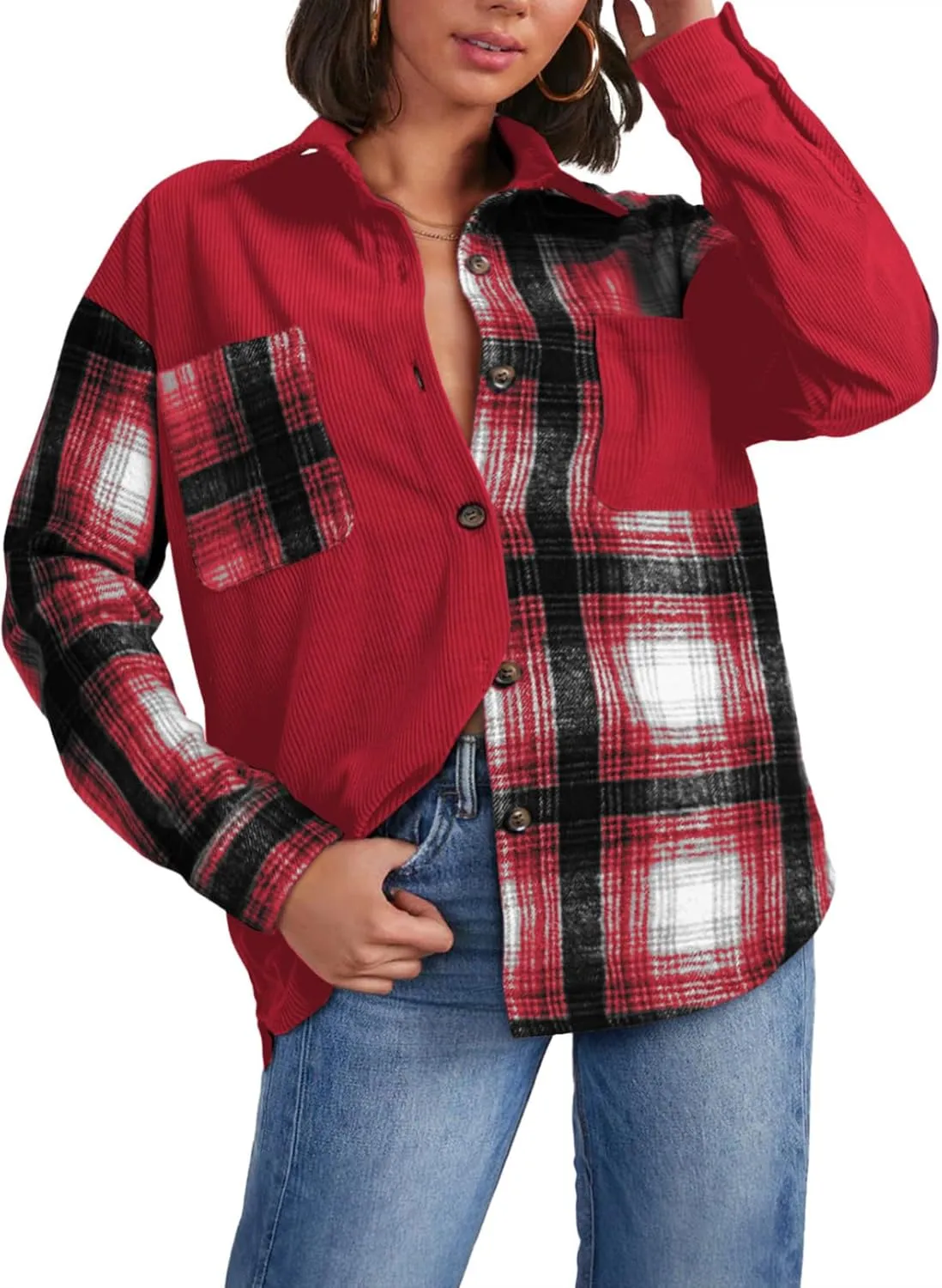 Astylish Women's Color Block Corduroy Shirts Long Sleeve Button Down Boyfriend Blouses Tops