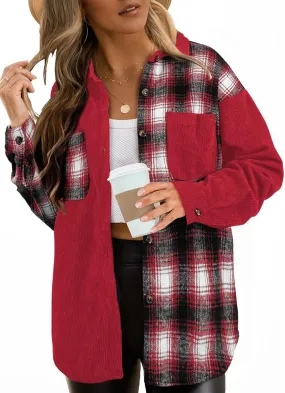 Astylish Women's Color Block Corduroy Shirts Long Sleeve Button Down Boyfriend Blouses Tops