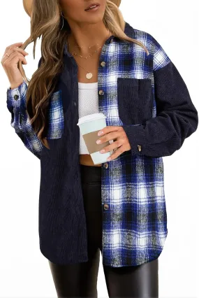 Astylish Women's Color Block Corduroy Shirts Long Sleeve Button Down Boyfriend Blouses Tops
