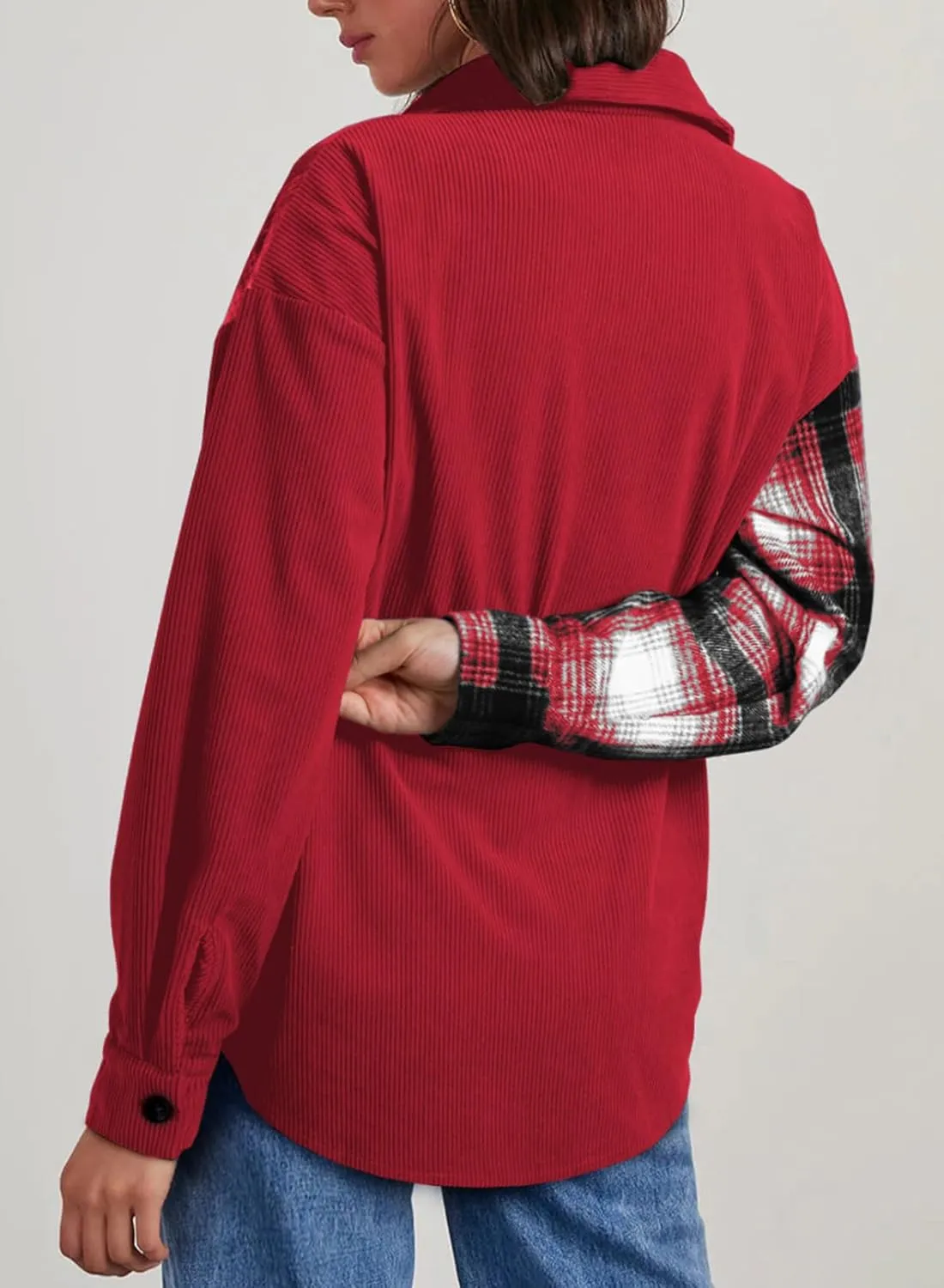 Astylish Women's Color Block Corduroy Shirts Long Sleeve Button Down Boyfriend Blouses Tops