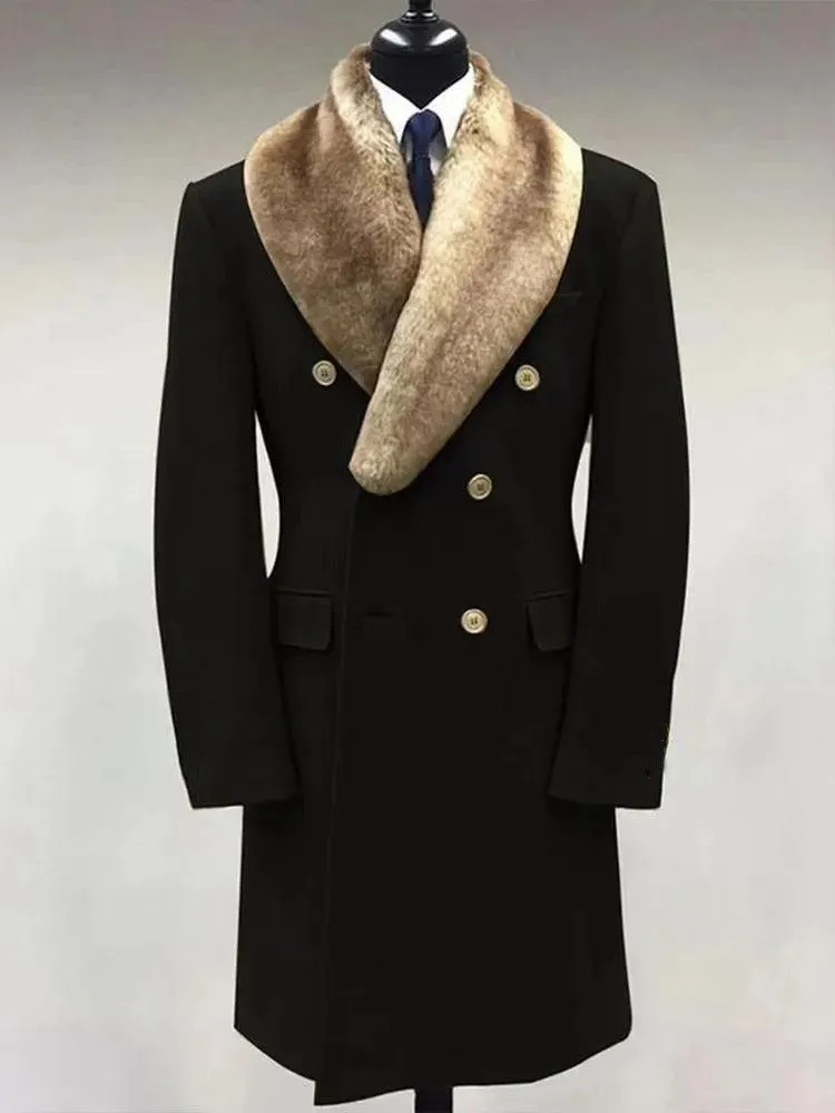 Autumn Winter Warm Men's Coat Faux Fur Lapel Overcoat Medium Length Pockets Leisure Jacket Men Imitation Woolen Cashmere Coats