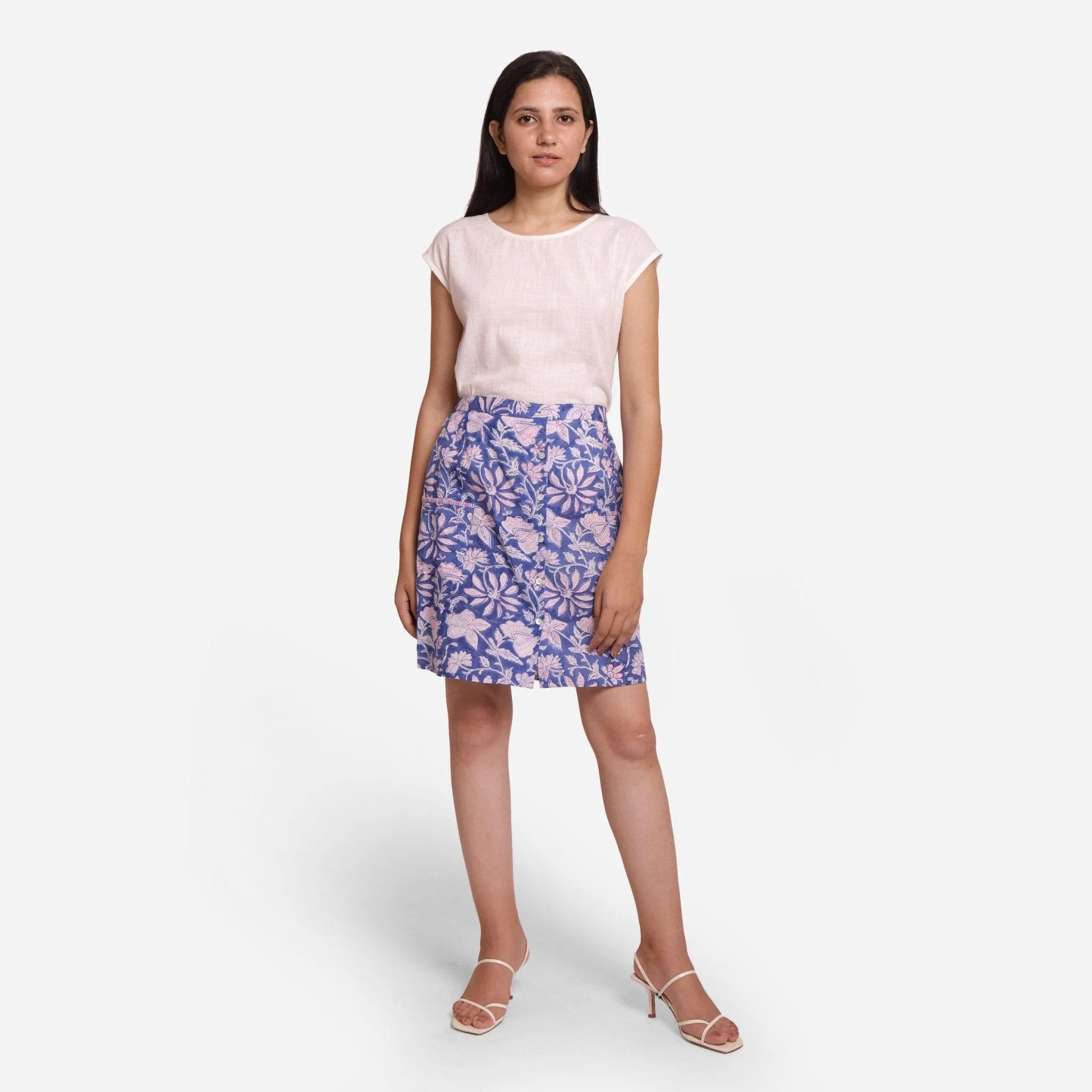 Blue Floral Block Print Cotton Short Skirt
