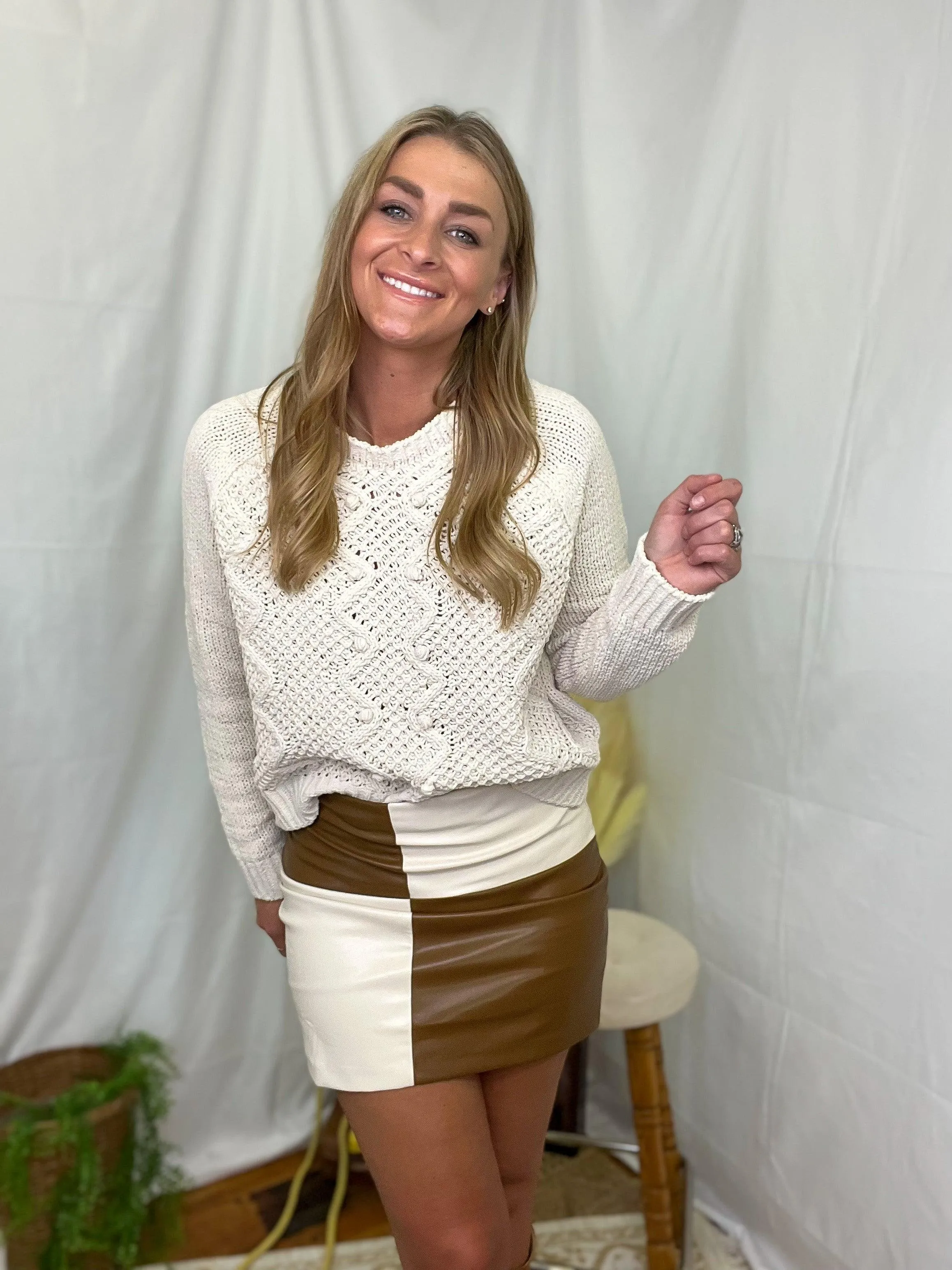 Brown Leather Color Block Skirt