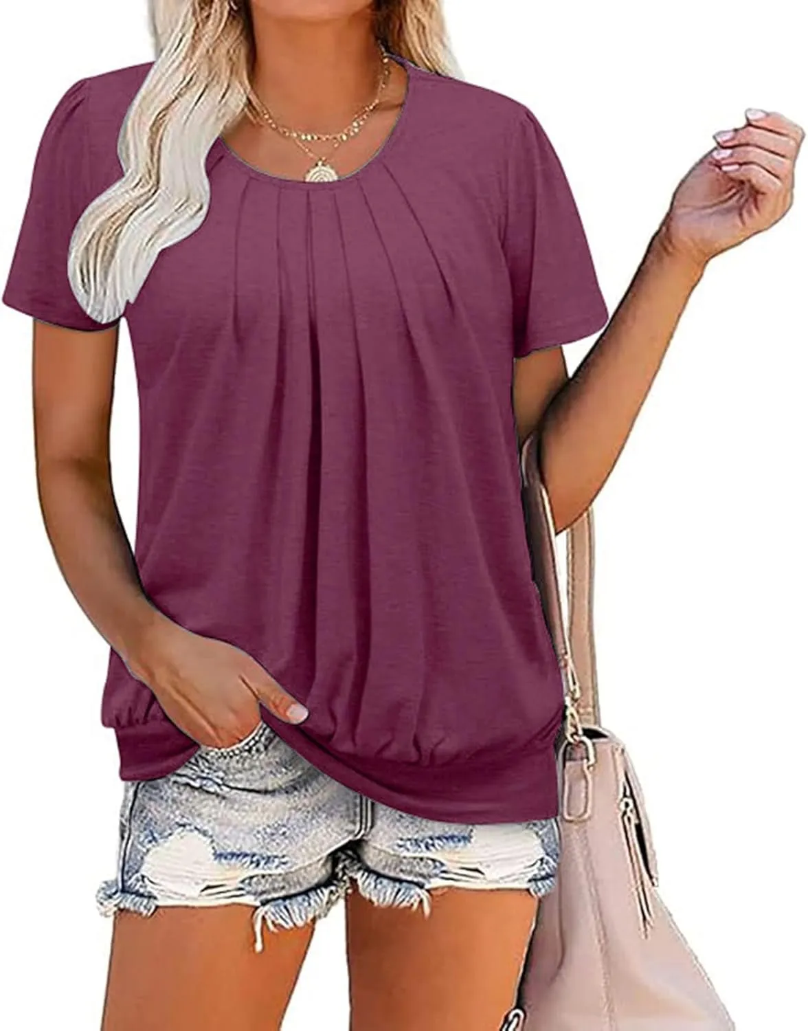 Casual Summer Tops for Women Trendy Dressy Short Sleeve Crewneck Blouses Work Business Pleated Front Tees Shirts