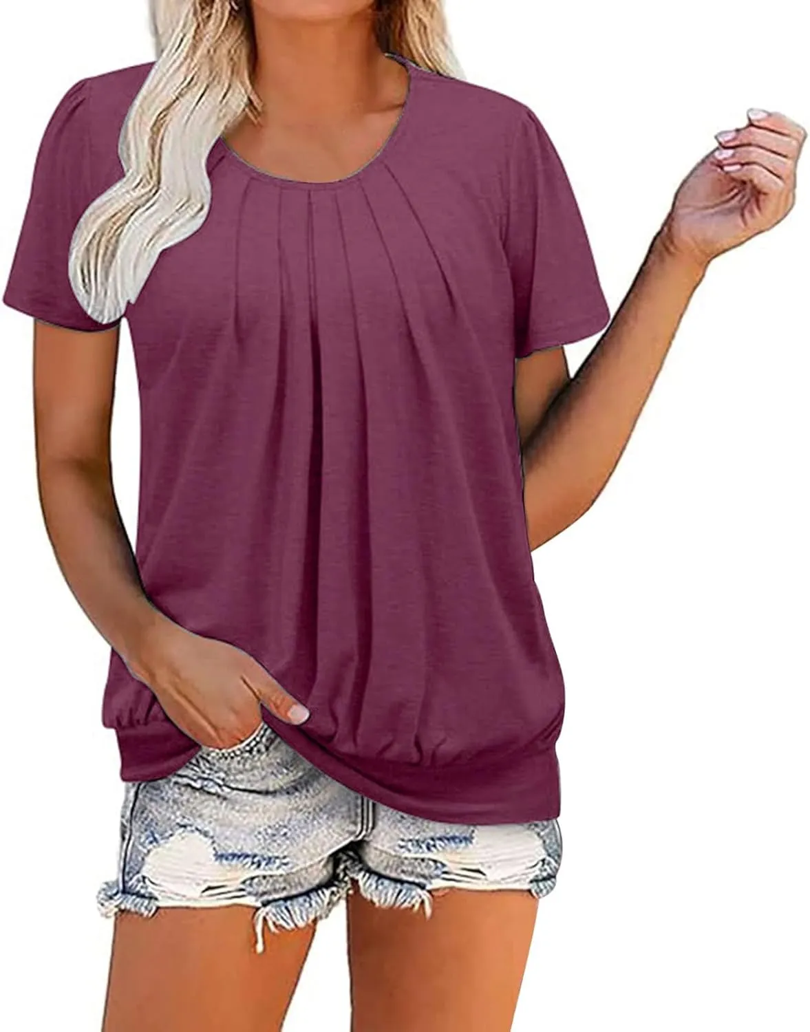 Casual Summer Tops for Women Trendy Dressy Short Sleeve Crewneck Blouses Work Business Pleated Front Tees Shirts