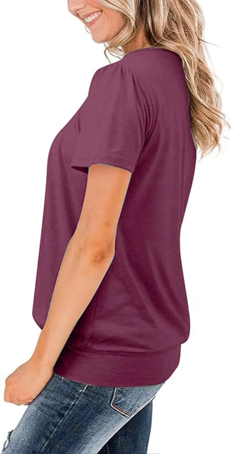 Casual Summer Tops for Women Trendy Dressy Short Sleeve Crewneck Blouses Work Business Pleated Front Tees Shirts
