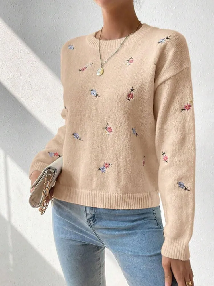 chouyatou Women's Ditsy Floral Embroidered Pullover Sweater Color Block Loose Fit Knit Jumper Tops