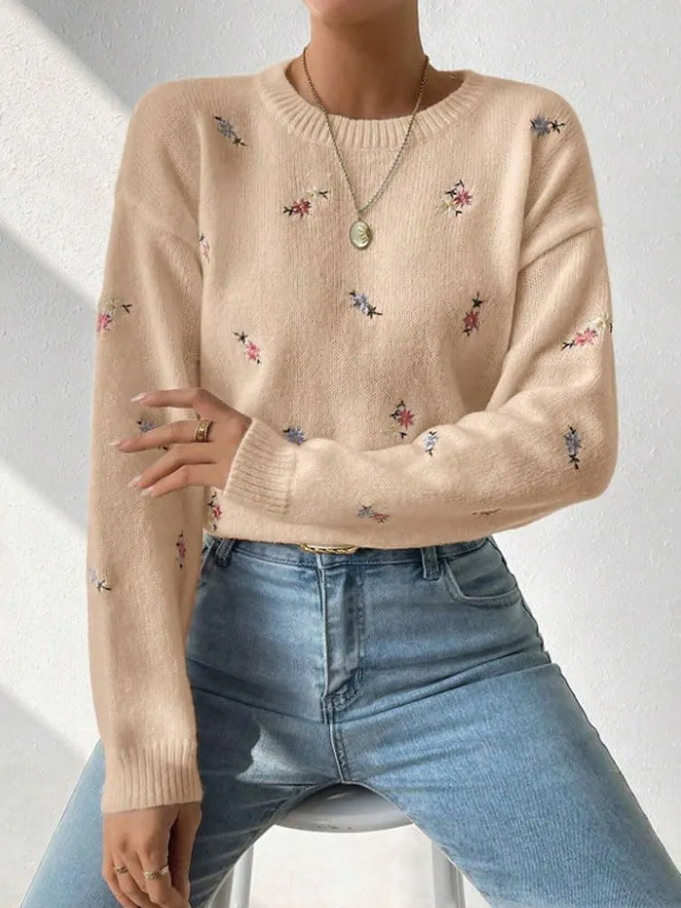 chouyatou Women's Ditsy Floral Embroidered Pullover Sweater Color Block Loose Fit Knit Jumper Tops