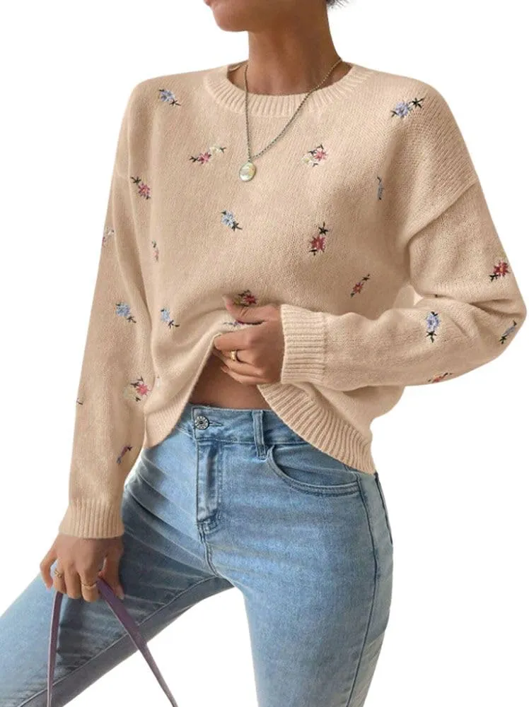 chouyatou Women's Ditsy Floral Embroidered Pullover Sweater Color Block Loose Fit Knit Jumper Tops