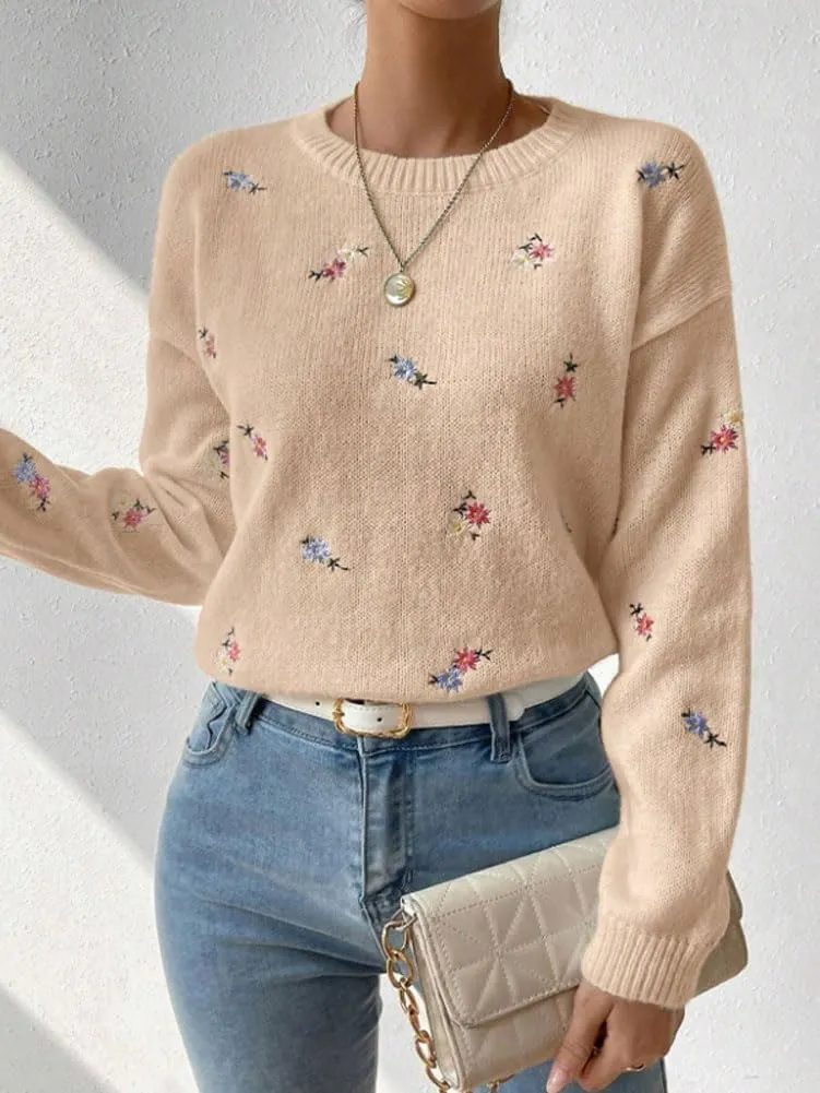 chouyatou Women's Ditsy Floral Embroidered Pullover Sweater Color Block Loose Fit Knit Jumper Tops