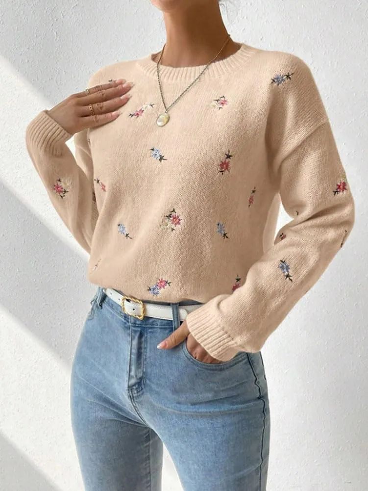 chouyatou Women's Ditsy Floral Embroidered Pullover Sweater Color Block Loose Fit Knit Jumper Tops