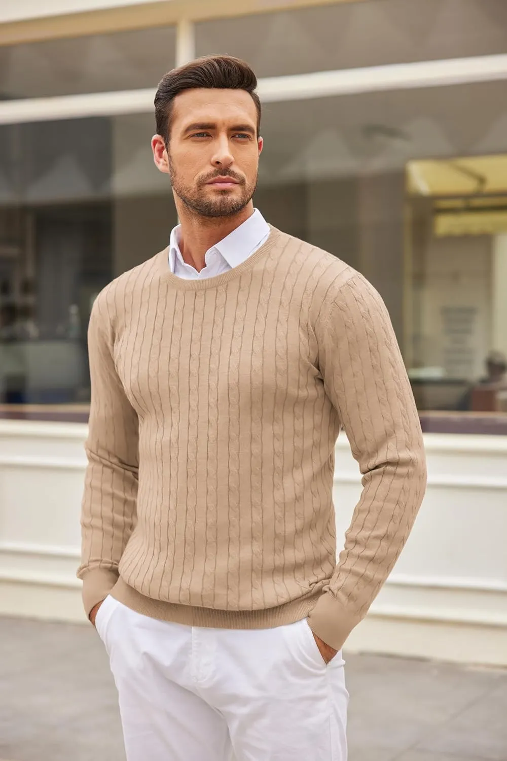 COOFANDY Men's Crewneck Knit Sweater Slim Fit Lightweight Casual Twist Patterned Cable Knitted Pullover