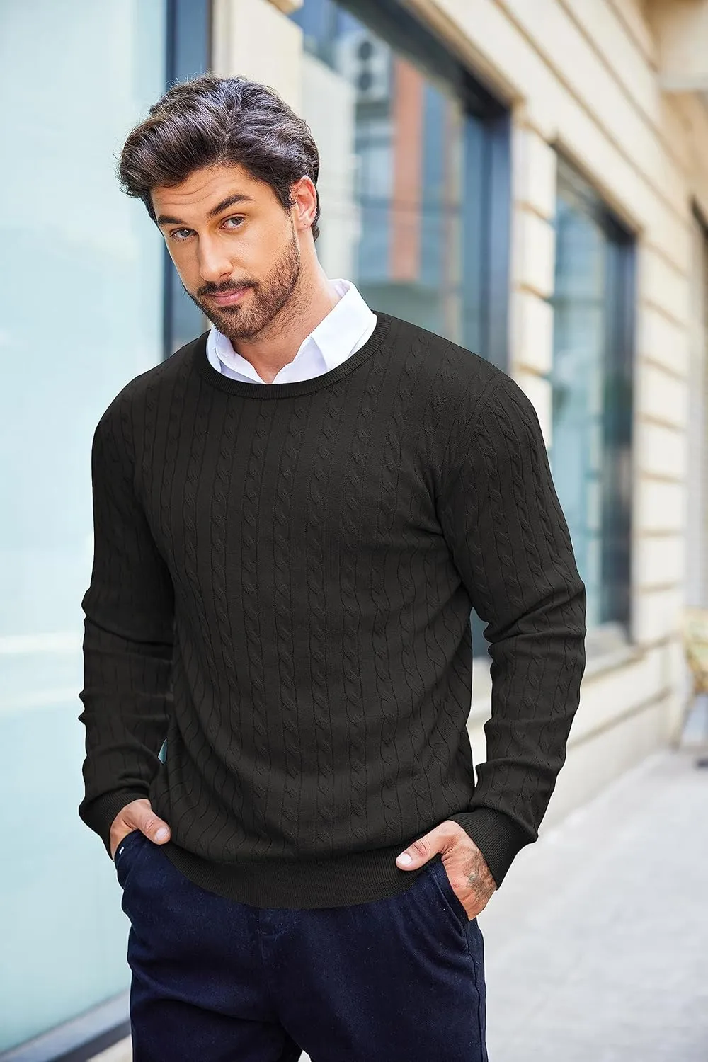 COOFANDY Men's Crewneck Knit Sweater Slim Fit Lightweight Casual Twist Patterned Cable Knitted Pullover