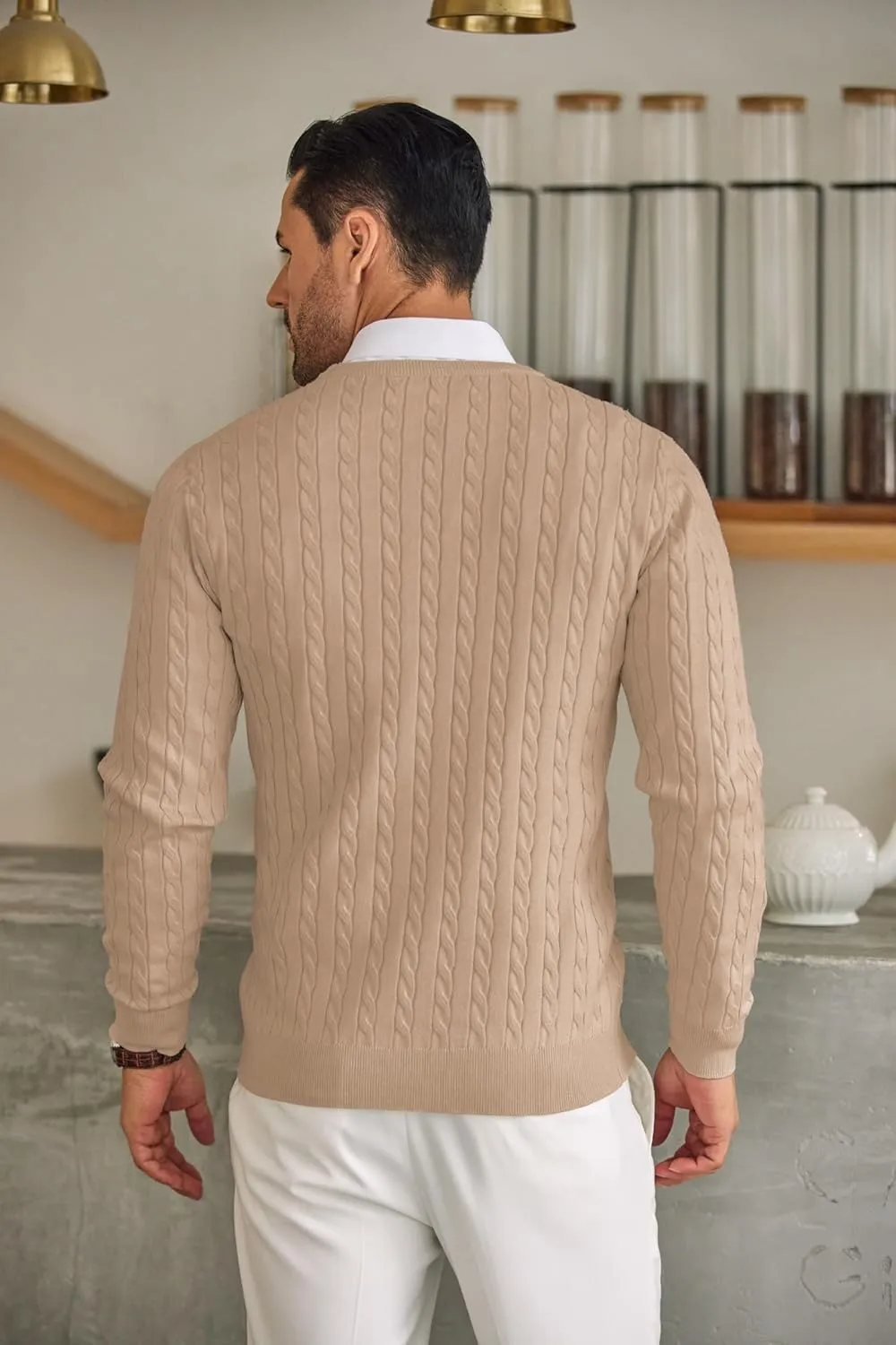 COOFANDY Men's Crewneck Knit Sweater Slim Fit Lightweight Casual Twist Patterned Cable Knitted Pullover