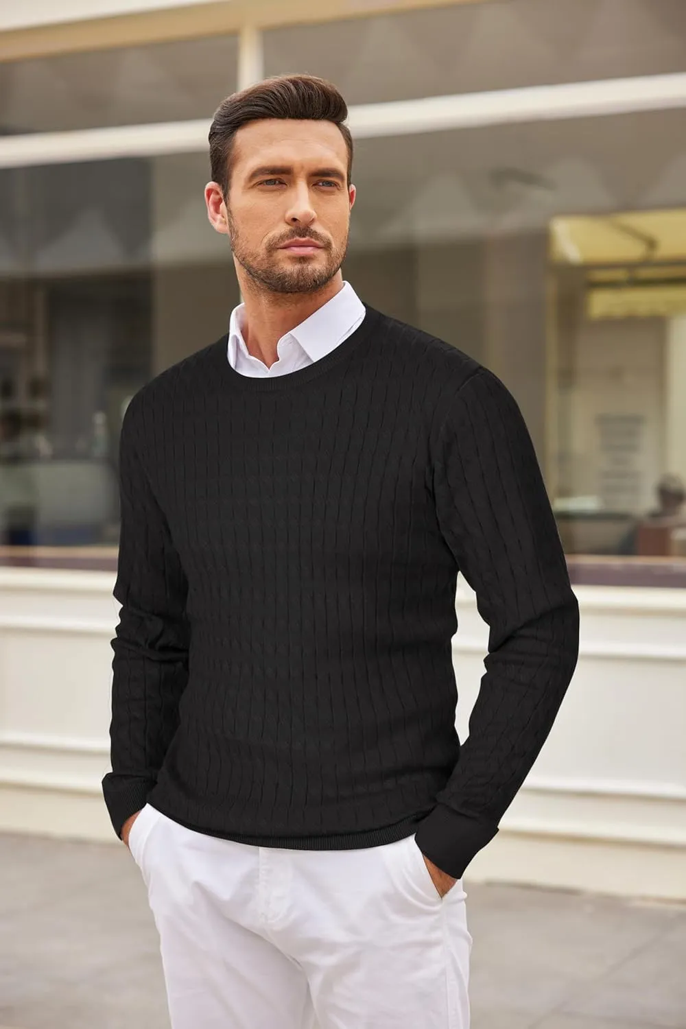 COOFANDY Men's Crewneck Knit Sweater Slim Fit Lightweight Casual Twist Patterned Cable Knitted Pullover