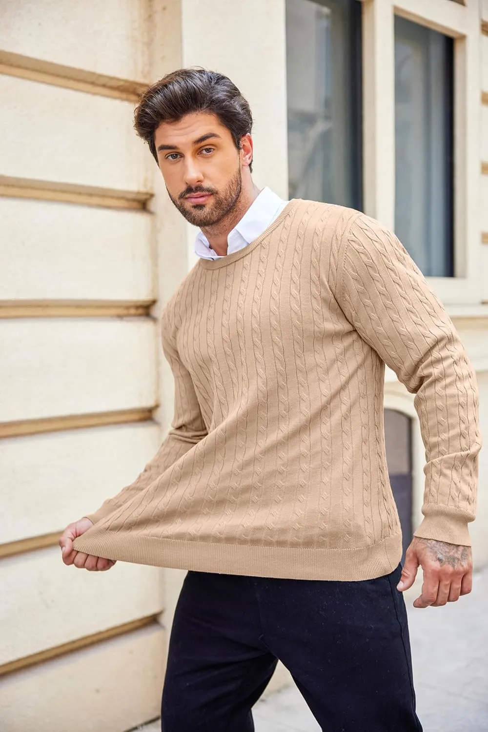 COOFANDY Men's Crewneck Knit Sweater Slim Fit Lightweight Casual Twist Patterned Cable Knitted Pullover
