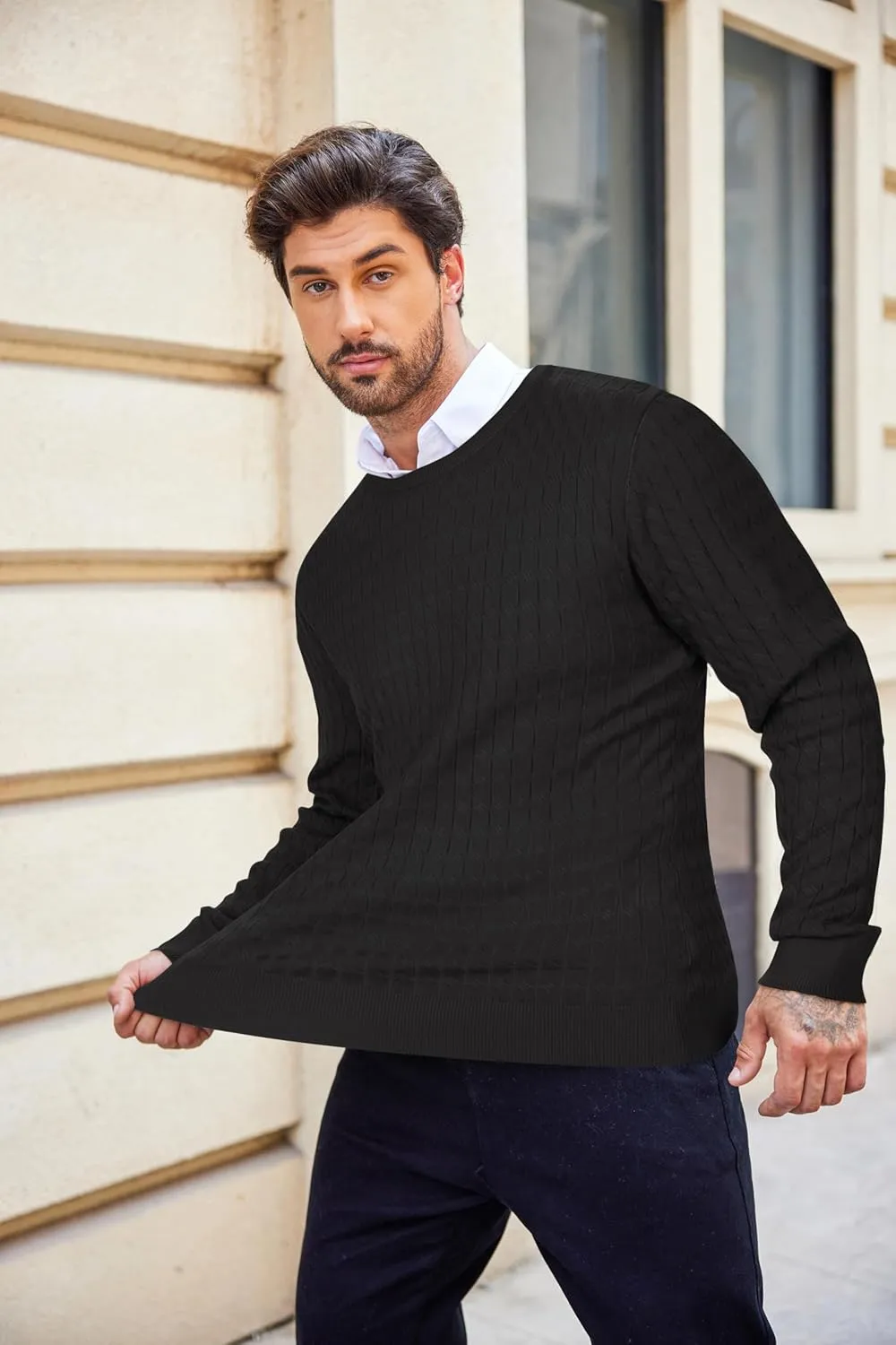 COOFANDY Men's Crewneck Knit Sweater Slim Fit Lightweight Casual Twist Patterned Cable Knitted Pullover
