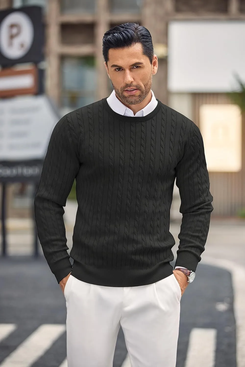 COOFANDY Men's Crewneck Knit Sweater Slim Fit Lightweight Casual Twist Patterned Cable Knitted Pullover