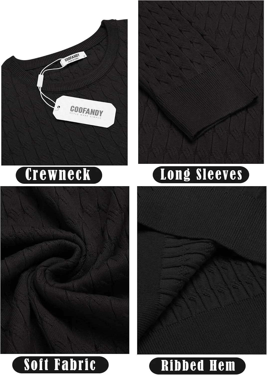 COOFANDY Men's Crewneck Knit Sweater Slim Fit Lightweight Casual Twist Patterned Cable Knitted Pullover