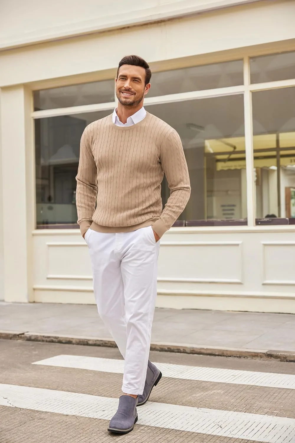 COOFANDY Men's Crewneck Knit Sweater Slim Fit Lightweight Casual Twist Patterned Cable Knitted Pullover