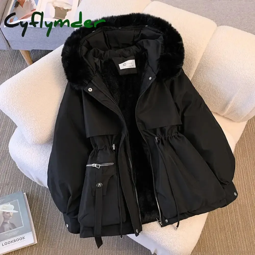 Cyflymder Fleece Lined Hood Down Jacket Winter Coat for Women Warm Drawstring Padded Parkas Korean Casual Streetwear Female Puffer Outwear
