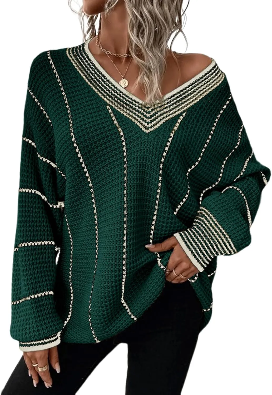 Dokotoo Womens Oversized Striped Tunic Sweaters Casual V Neck Long Sleeve Color Block Knit Pullover Jumper Tops