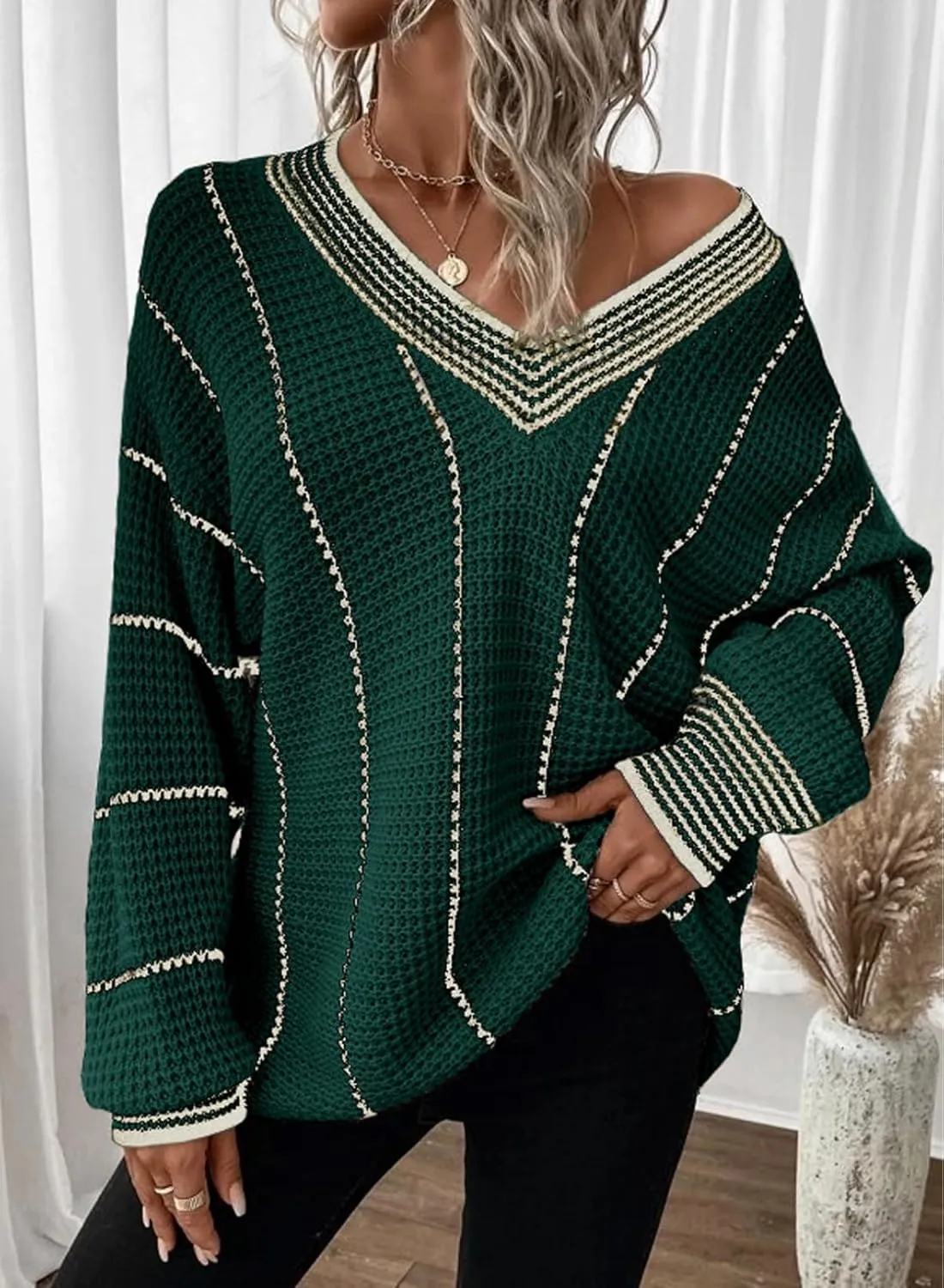 Dokotoo Womens Oversized Striped Tunic Sweaters Casual V Neck Long Sleeve Color Block Knit Pullover Jumper Tops