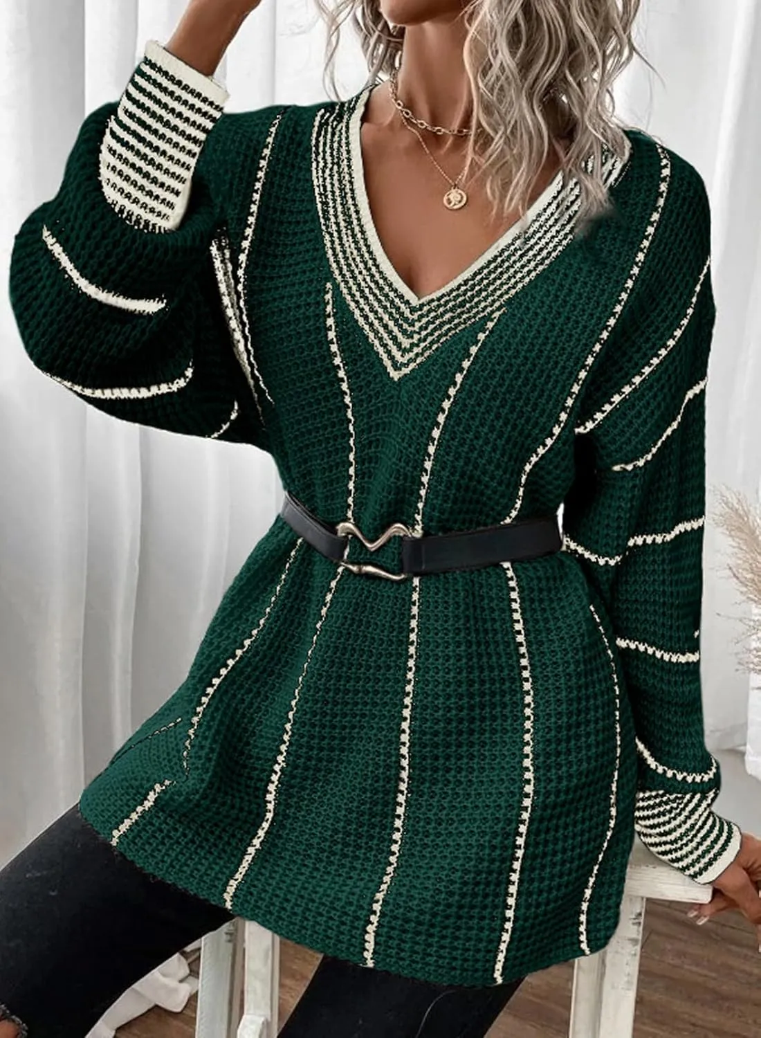 Dokotoo Womens Oversized Striped Tunic Sweaters Casual V Neck Long Sleeve Color Block Knit Pullover Jumper Tops