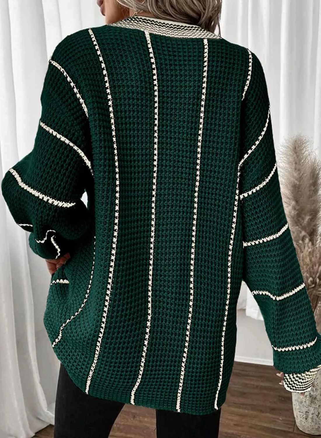 Dokotoo Womens Oversized Striped Tunic Sweaters Casual V Neck Long Sleeve Color Block Knit Pullover Jumper Tops
