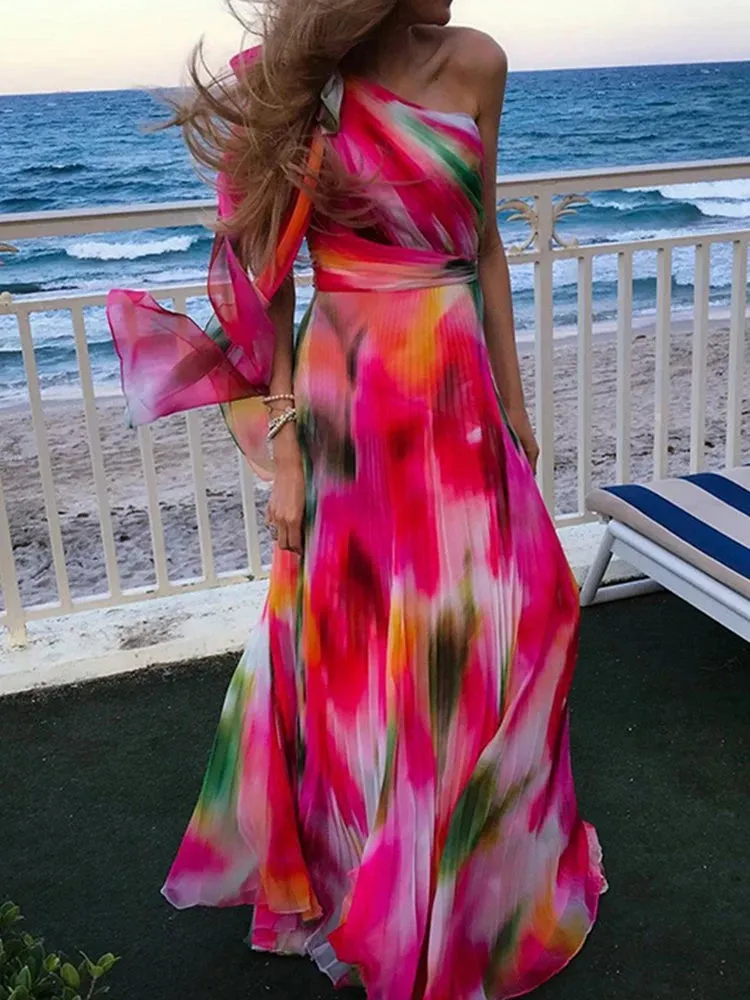 FashionSierra - 2024 Colorful Gradient Print Skew Collar Bow Boho Dress