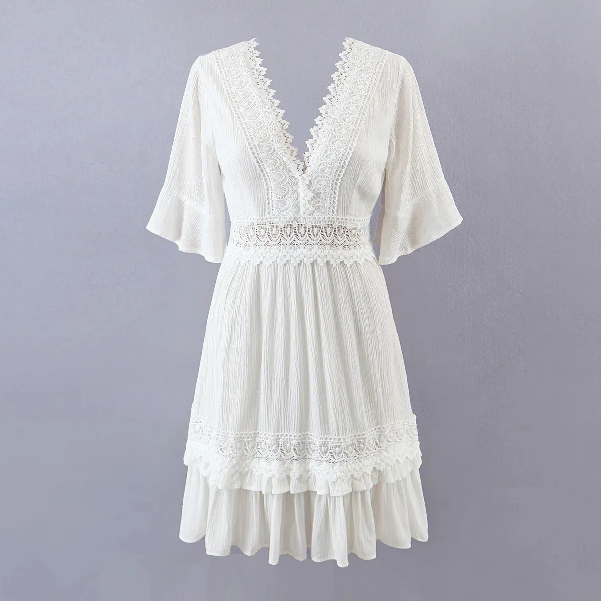 FashionSierra-White Lace  Mini  For Women  Robe  Sexy  Deep V  Short  Ruffles Sleeve  Summer  Party  Casual  Beach  Vestidos Boho Dress