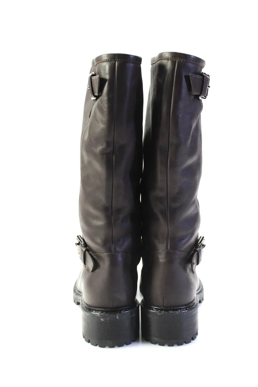 Fendi Womens Slip On Shearling Lined Knee High Boots Brown Leather
