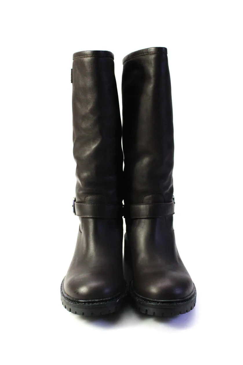 Fendi Womens Slip On Shearling Lined Knee High Boots Brown Leather