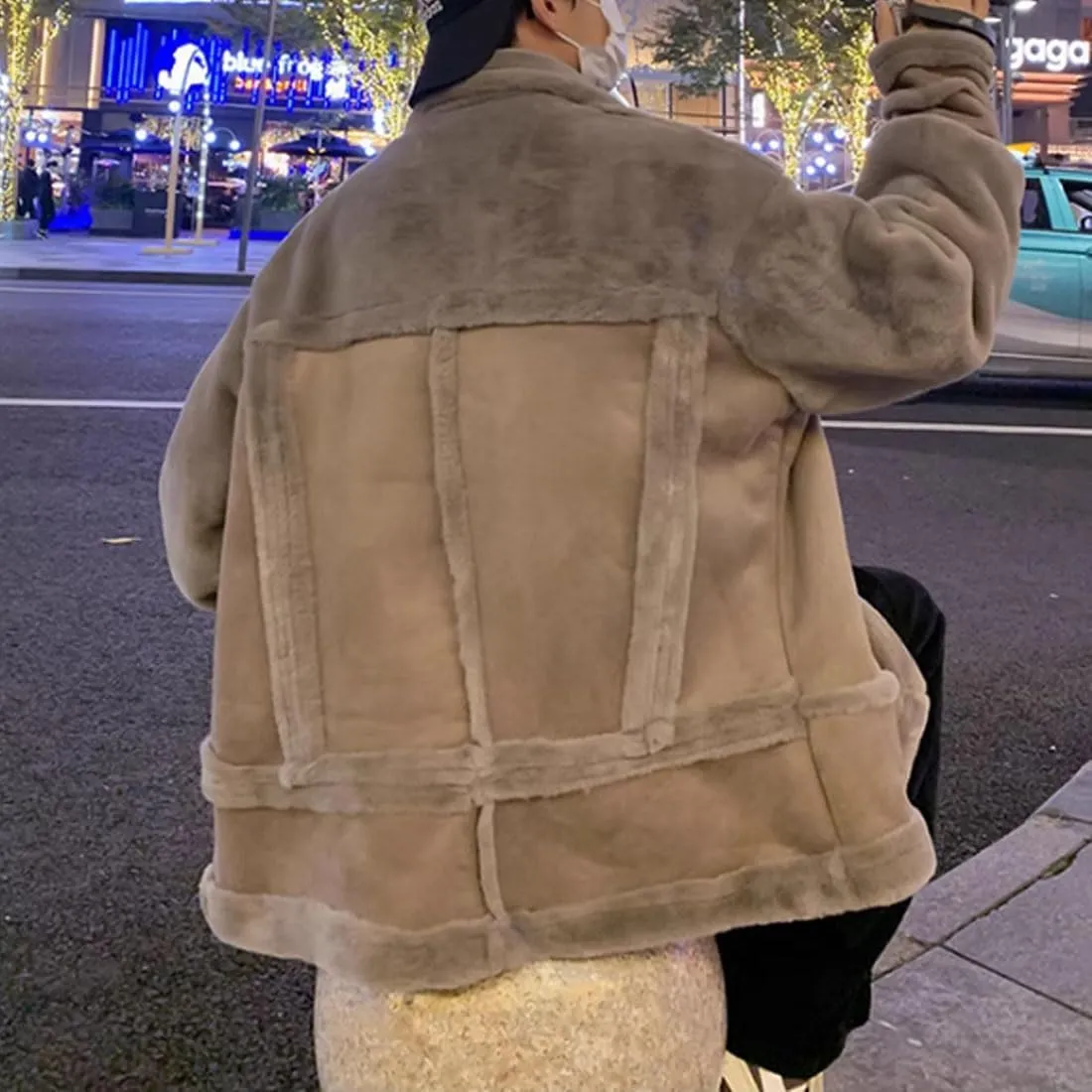 HZCX FASHION Mens Moto Shearling Sheepskin Coat Warm Motorcycle Sherpa Lined Faux Suede Bomber Jacket Snowboard Anorak