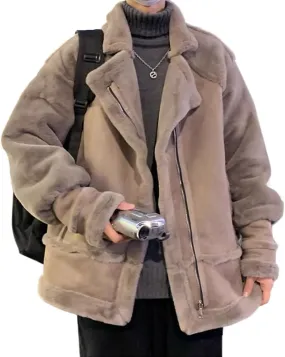 HZCX FASHION Mens Moto Shearling Sheepskin Coat Warm Motorcycle Sherpa Lined Faux Suede Bomber Jacket Snowboard Anorak