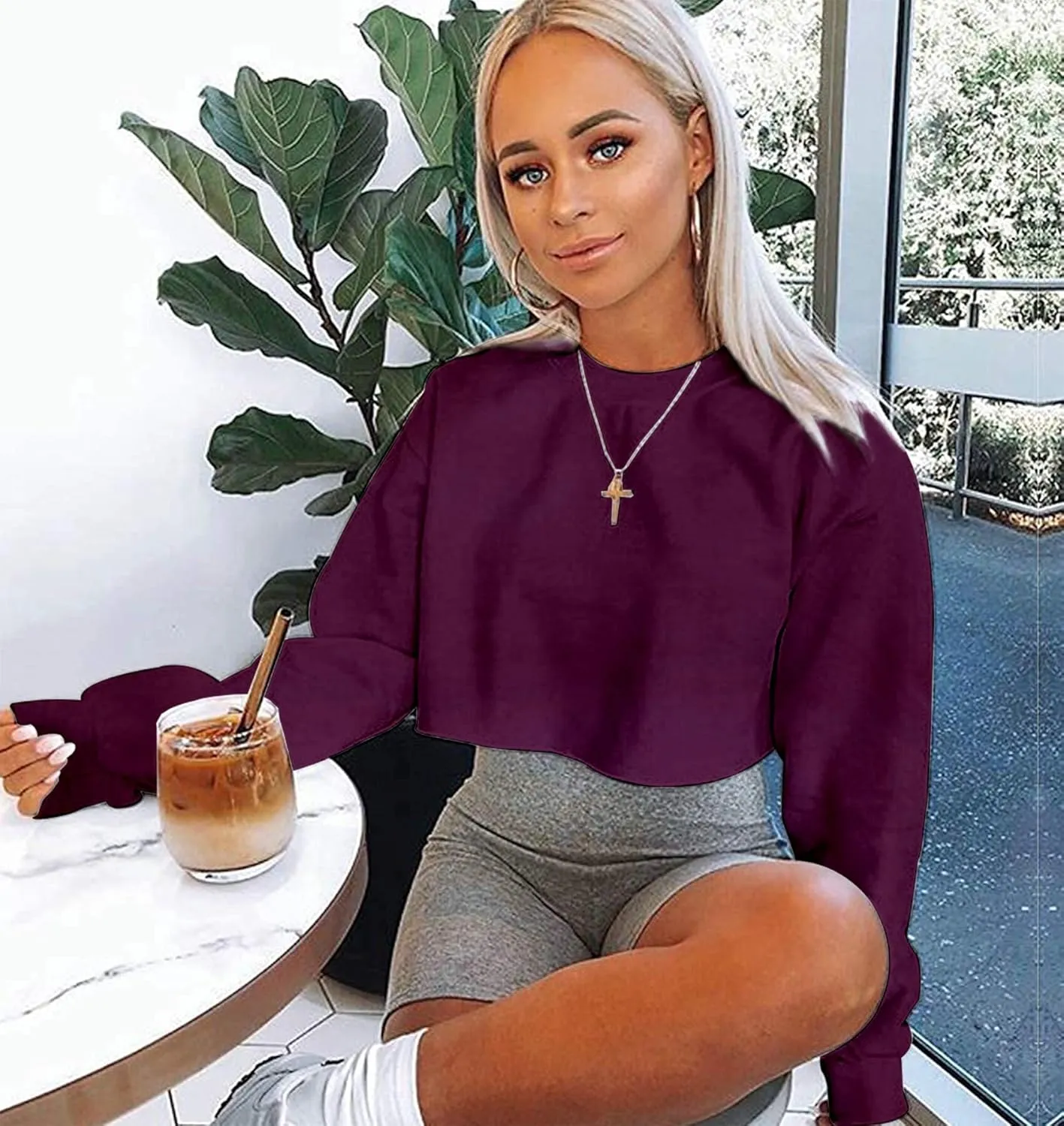 Kyerivs Casual Crop Sweatshirt for Women Crewneck Cropped Shirts Workout Long Sleeve Crop Tops