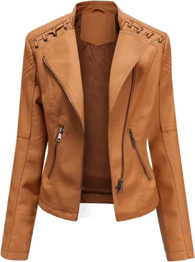 Lu's Chic Women's Motorcycle Jacket Fashion Dressy Vegan Leather Biker Coat Light Slim Fit Crop Blazer Moto Jacket