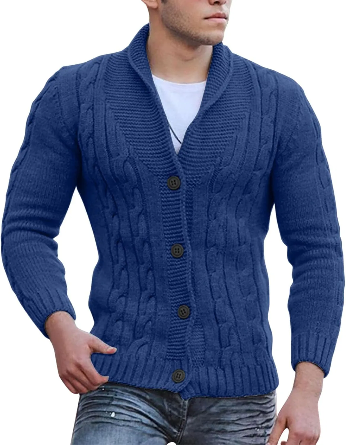 Men Casual Cardigan Sweaters Long Sleeve Shawl Collar Button Down Cable Knit Coat with Pocket Man Open Front Sweater