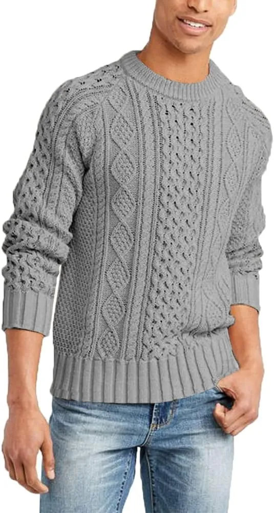 Men's Long Sleeve Cable Knit Pullover Sweater Fisherman Twist Patterned Crewneck Sweater