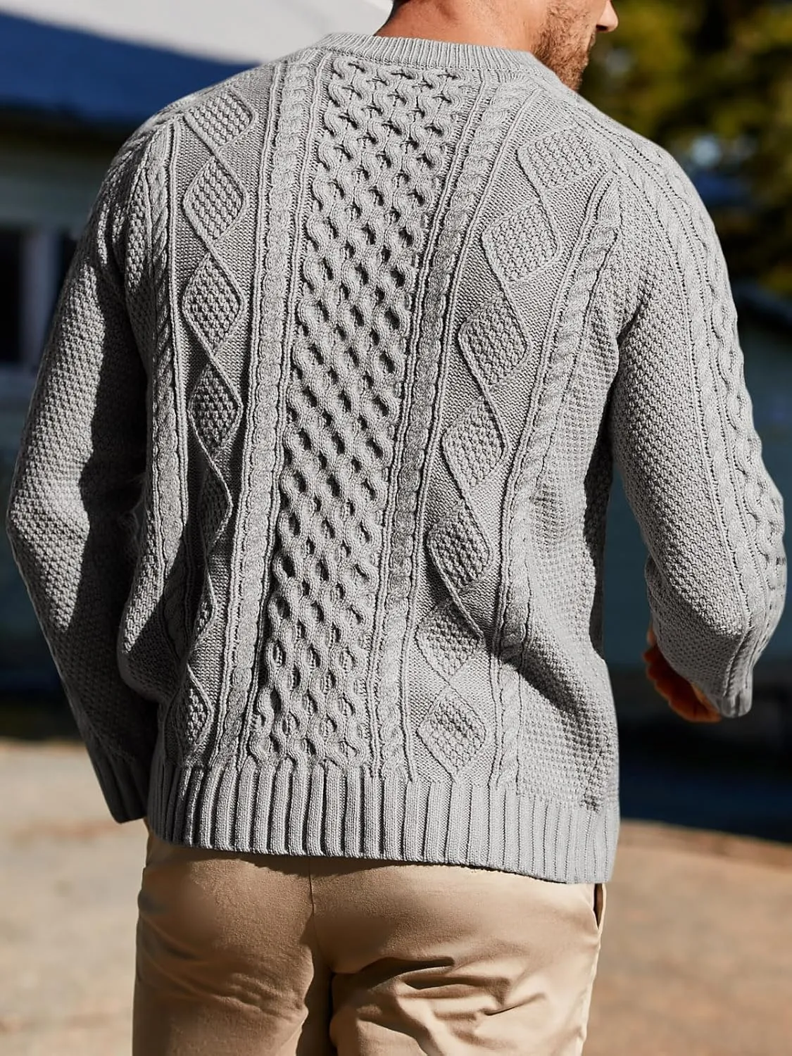 Men's Long Sleeve Cable Knit Pullover Sweater Fisherman Twist Patterned Crewneck Sweater