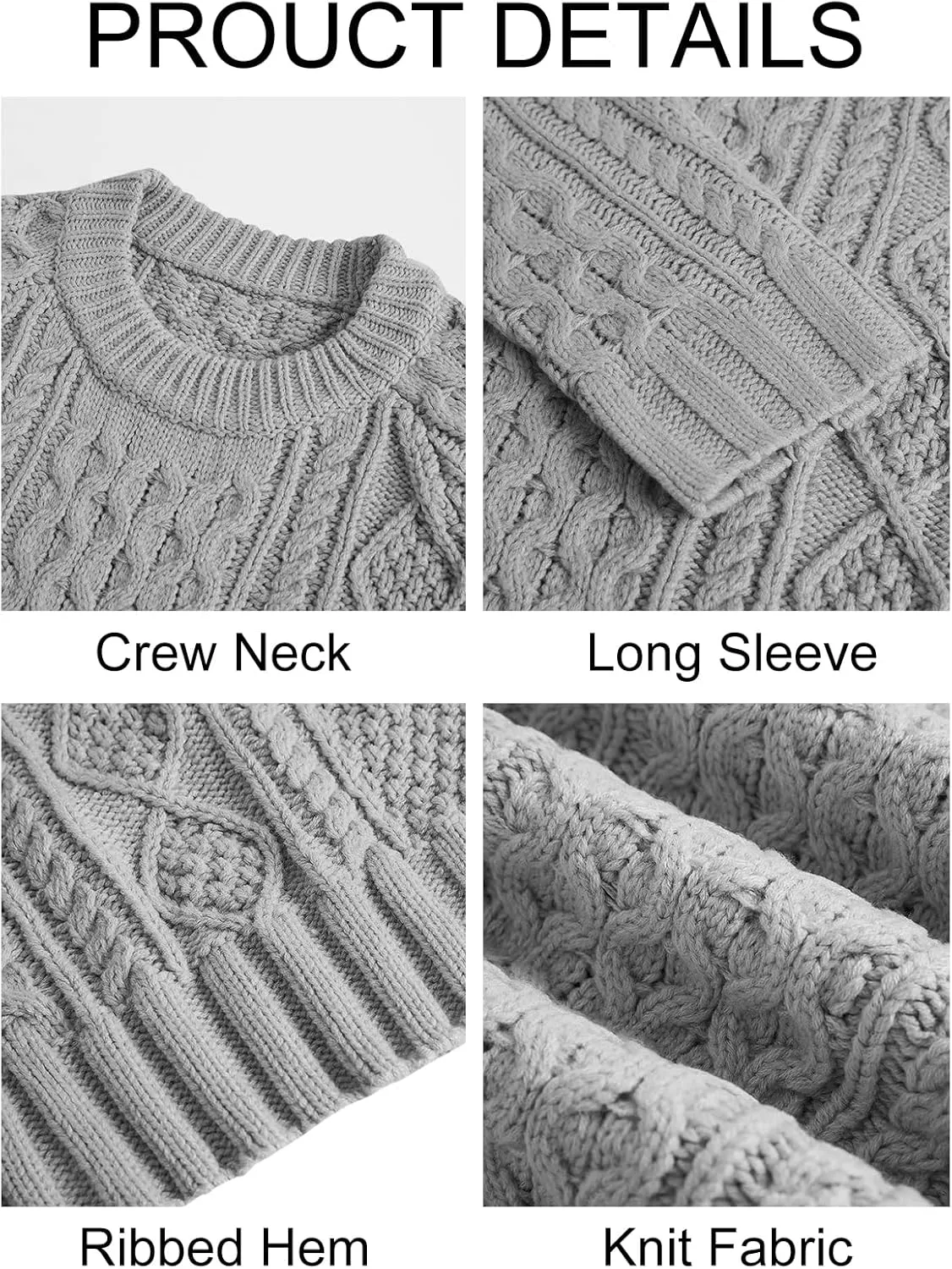 Men's Long Sleeve Cable Knit Pullover Sweater Fisherman Twist Patterned Crewneck Sweater