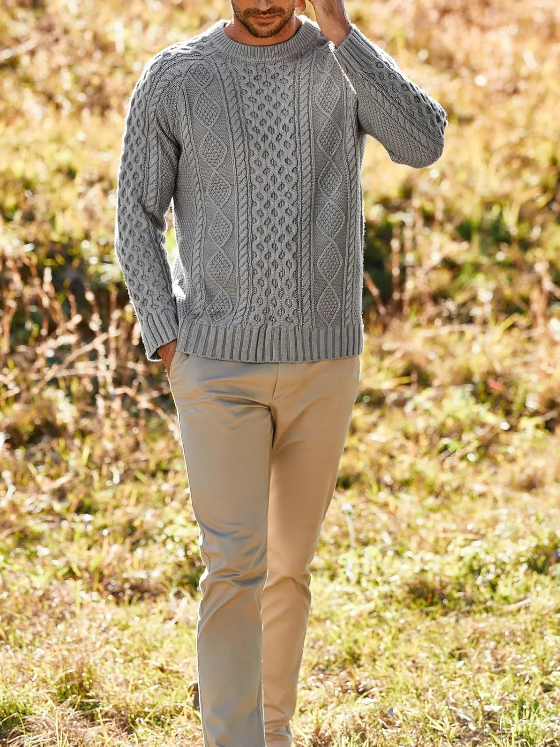 Men's Long Sleeve Cable Knit Pullover Sweater Fisherman Twist Patterned Crewneck Sweater