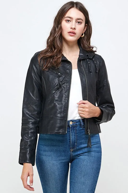 Moto Jacket Buckle Vegan Leather Biker Jacket